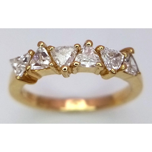 90 - AN 18K YELLOW GOLD DIAMOND BAND RING - TRILLION CUTS. 0.50CT. 3.4G. SIZE K. REF:JR8