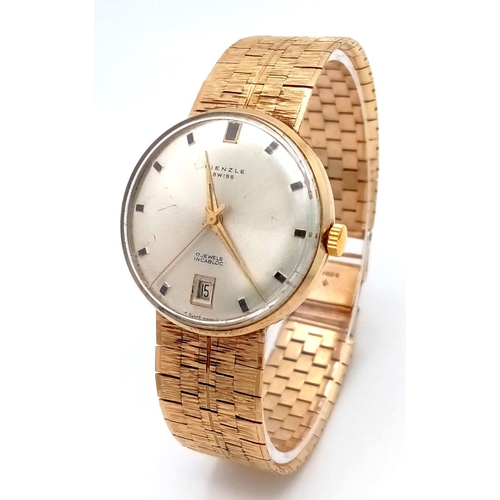 57 - A Vintage 9K Gold Kienzle Gents Watch. 9k gold bracelet and case - 32mm. Silver tone dial with date ... 