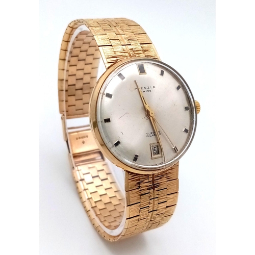 57 - A Vintage 9K Gold Kienzle Gents Watch. 9k gold bracelet and case - 32mm. Silver tone dial with date ... 