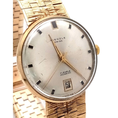 57 - A Vintage 9K Gold Kienzle Gents Watch. 9k gold bracelet and case - 32mm. Silver tone dial with date ... 