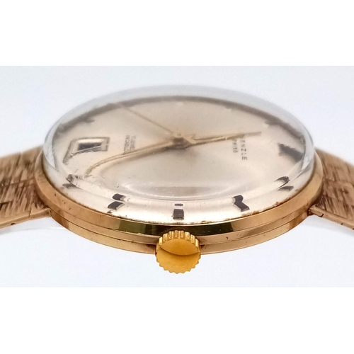 57 - A Vintage 9K Gold Kienzle Gents Watch. 9k gold bracelet and case - 32mm. Silver tone dial with date ... 