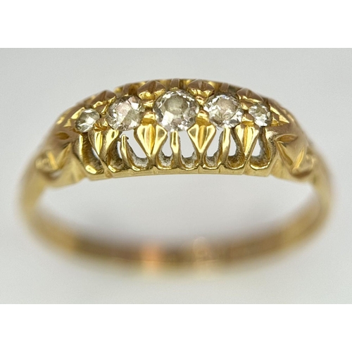 8 - An Antique 18k Yellow Gold and Diamond Five Stone Ring. Size R. 2.75g total weight.