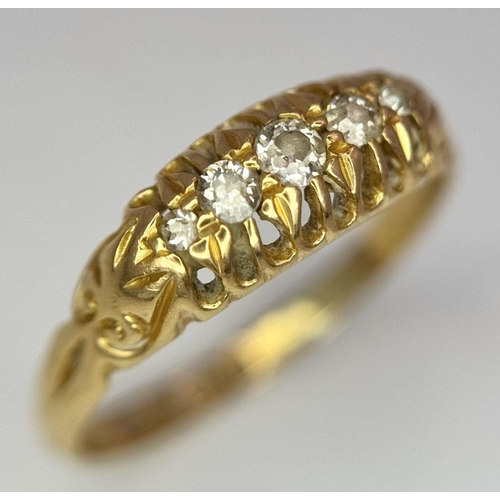 8 - An Antique 18k Yellow Gold and Diamond Five Stone Ring. Size R. 2.75g total weight.