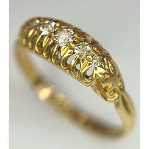 8 - An Antique 18k Yellow Gold and Diamond Five Stone Ring. Size R. 2.75g total weight.