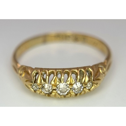 8 - An Antique 18k Yellow Gold and Diamond Five Stone Ring. Size R. 2.75g total weight.