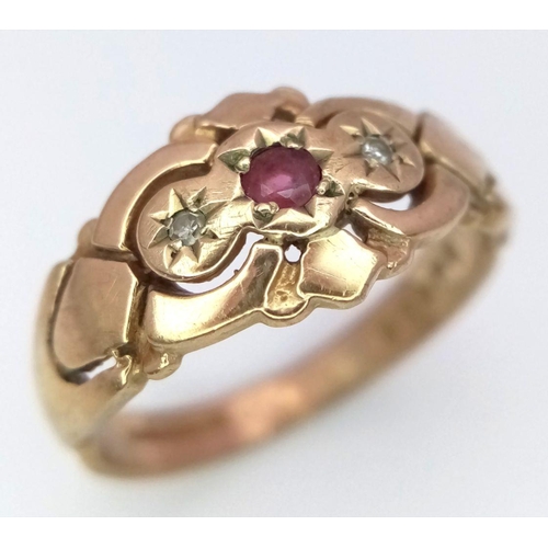 28 - Vintage hallmarked 9 carat GOLD, RUBY and DIAMOND RING. Approx 2.5 grams. Size L 1/2 - M.