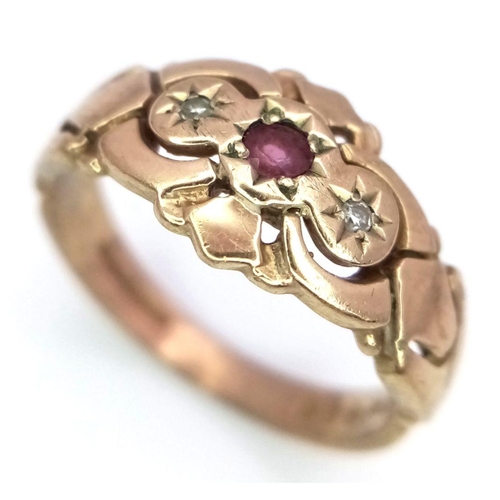 28 - Vintage hallmarked 9 carat GOLD, RUBY and DIAMOND RING. Approx 2.5 grams. Size L 1/2 - M.