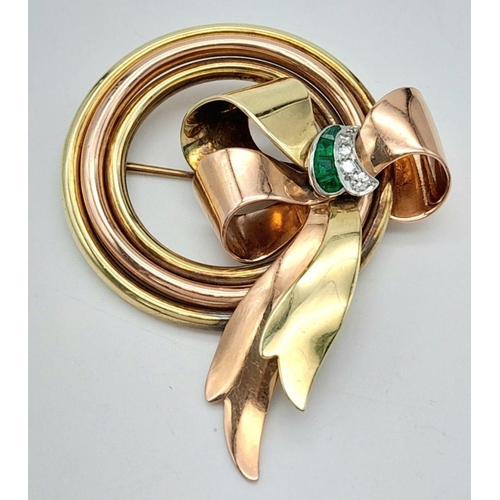 1229 - A 14K Bi-Colour Gold Emerald and Diamond Brooch. Approximately 4.5cm x 5.4cm. 15.2g total weight.