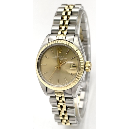 44 - A Vintage Rolex Oyster Perpertual Ladies Datejust Watch. Model 6916. Bi-metal (gold and steel) brace... 