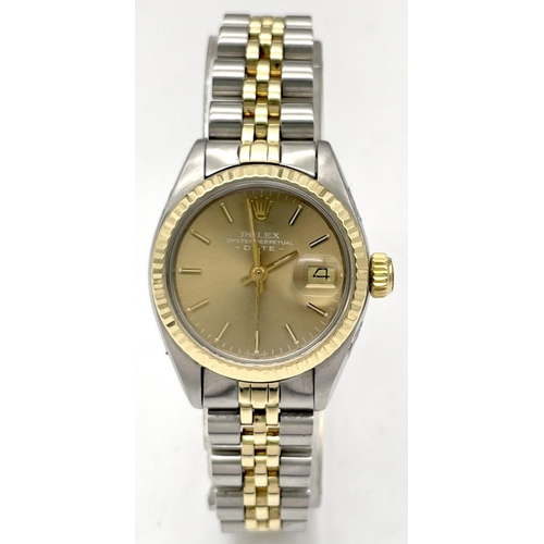 44 - A Vintage Rolex Oyster Perpertual Ladies Datejust Watch. Model 6916. Bi-metal (gold and steel) brace... 