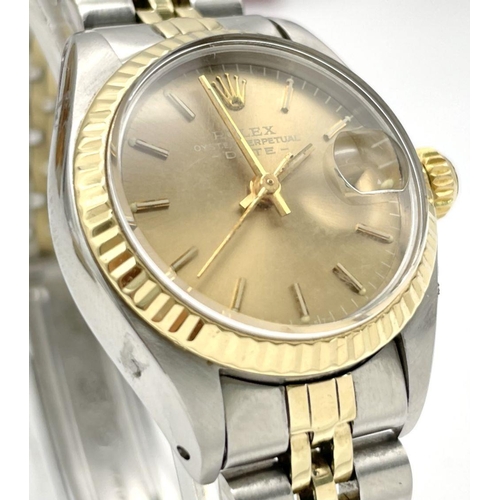 44 - A Vintage Rolex Oyster Perpertual Ladies Datejust Watch. Model 6916. Bi-metal (gold and steel) brace... 