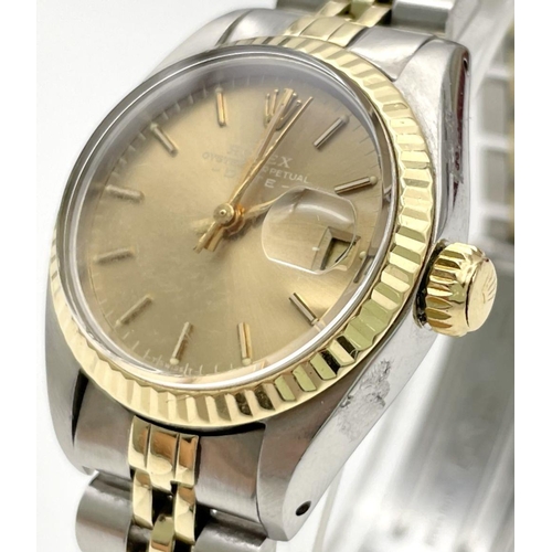 44 - A Vintage Rolex Oyster Perpertual Ladies Datejust Watch. Model 6916. Bi-metal (gold and steel) brace... 