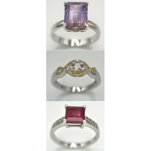 1226 - Three Sterling Silver Stone Set Rings - Ruby (N), Amethyst (N) and Pink Quartz (N).