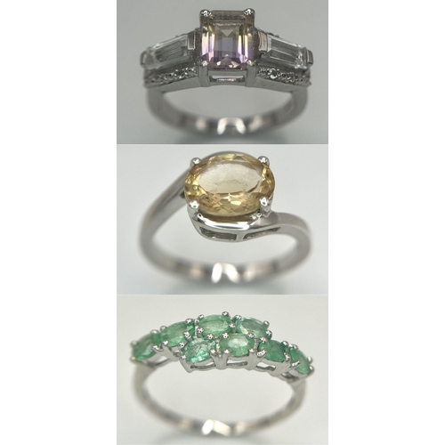 1230 - Three Sterling Silver Stone Set Rings - Amethyst (N), Peridot (R) and Smoky Quartz (R).