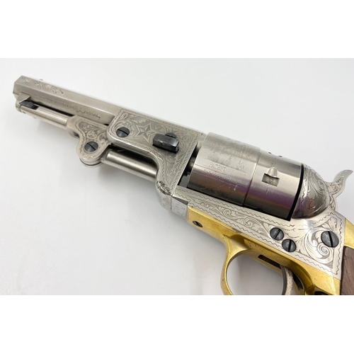 290 - A DEACTIVATED COLT 1851 NAVY BY PIETTA, BEAUTIFULLY ENGRAVED. WOODEN HANDLES AND POLISHED BRASS TRIM... 