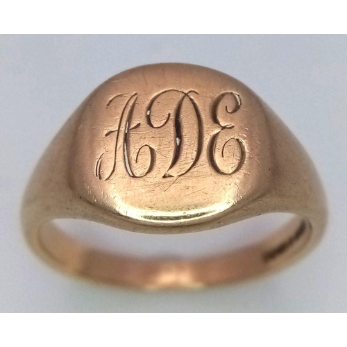 36 - A Vintage 9K Yellow Gold Signet Ring. Initialled. Size Z + 1. 10.2g weight.