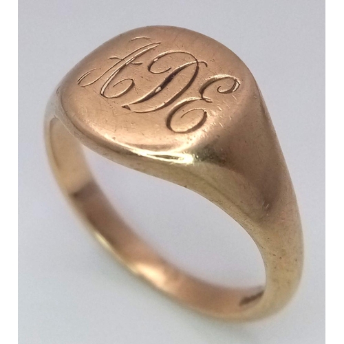 36 - A Vintage 9K Yellow Gold Signet Ring. Initialled. Size Z + 1. 10.2g weight.