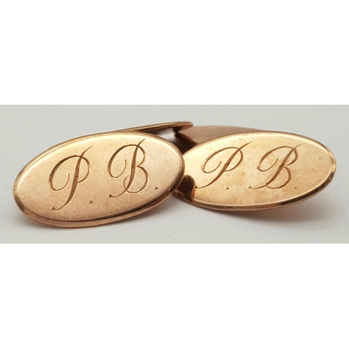 43 - A Pair of Classic 9k Rose Gold Vintage Oval Shape Gents Cufflinks. 8.4g.