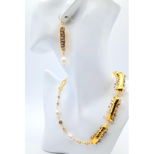 80 - A unique necklace and earrings set with gold plated natural quartz crystals and natural cultured pea... 