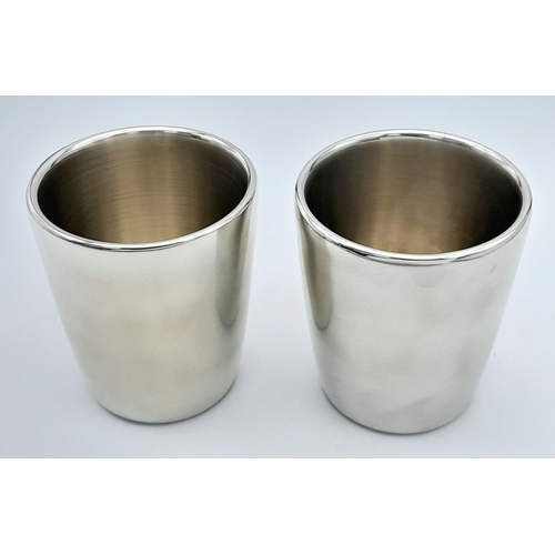 37 - Two Keith Tyssen Pewter Beakers. Hand-crafted in Sheffield. As new. 9cm tall.