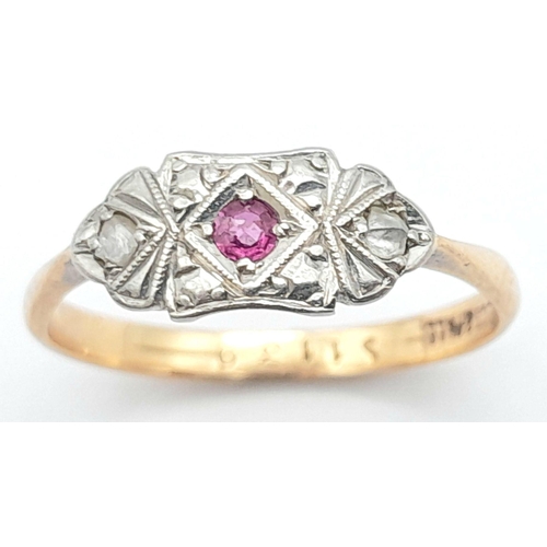 154 - Vintage 9 carat GOLD and PALLADIUM, RUBY and DIAMOND RING. 1.8 grams. Size N - N  1/2.