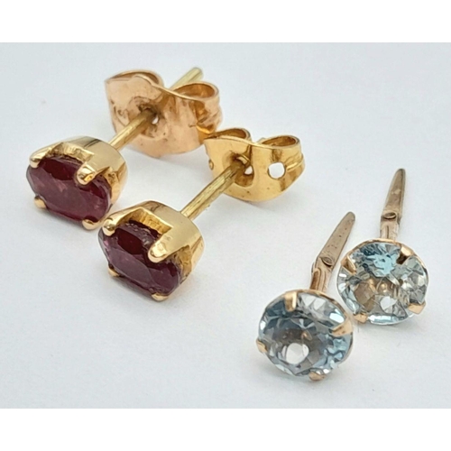 196 - 2 x pairs of GEM SET GOLD STUD EARRINGS. To include a pair of RUBY and GOLD EARRINGS Complete with g... 