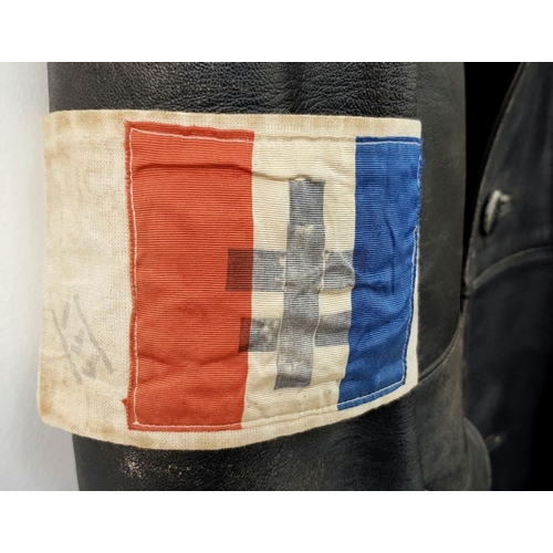 209 - WW2 French Resistance Leather Coat with armband. Both are period pieces and were found together.