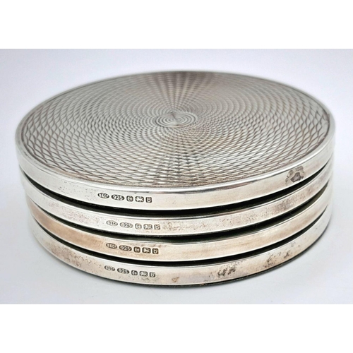 280 - Set of 4 x  vintage Hallmarked SILVER COASTERS. 8 cm diameter. Gross weight (filled) 158 grams. Full... 