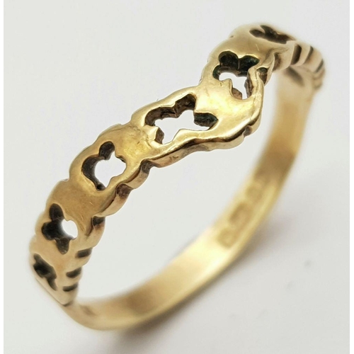 308 - Attractive and unusual 9 CARAT ROSE GOLD CHEVRON RING with PIERCED DESIGN.1.28 grams. Size M.