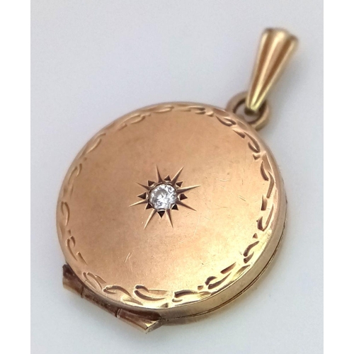 42 - Vintage DIAMOND SET 9 carat GOLD LOCKET. Dainty circular form with full UK hallmark.  1.5 cm Diamete... 