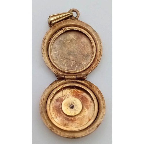 42 - Vintage DIAMOND SET 9 carat GOLD LOCKET. Dainty circular form with full UK hallmark.  1.5 cm Diamete... 