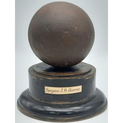 6 - Napoleonic Period Cannon Ball. Mounted on a plinth with a silver “Waterloo” Scroll” & a paper label ... 