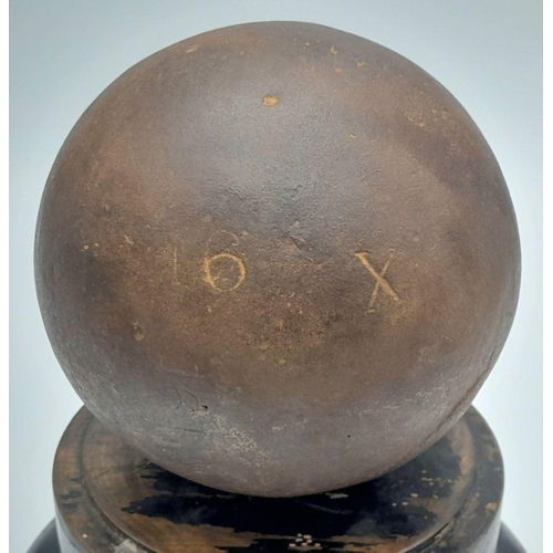 6 - Napoleonic Period Cannon Ball. Mounted on a plinth with a silver “Waterloo” Scroll” & a paper label ... 