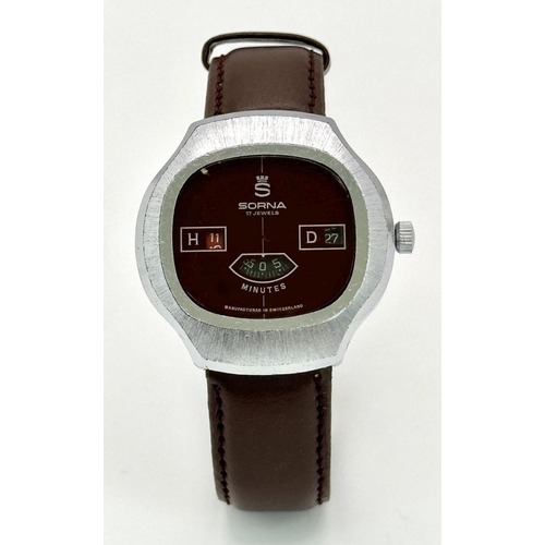 276 - A Vintage Sorna of Switzerland Jump Watch. Brown leather strap. Stainless steel case - 41mm. Brown d... 