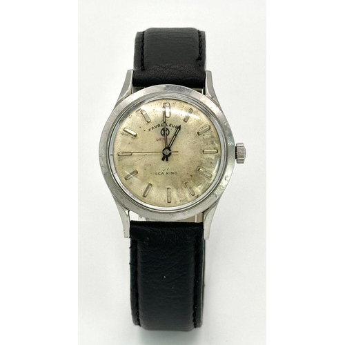 71 - A Vintage Favre Leuba Sea King Gents Watch. Black leather strap. Stainless steel case - 34mm. Manuel... 