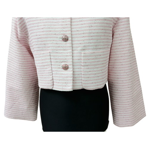 10 - A Chanel Pink and White Striped Cropped Jacket. Cotton, polyamide, and wool blend exterior with silv... 