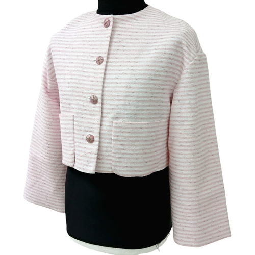 10 - A Chanel Pink and White Striped Cropped Jacket. Cotton, polyamide, and wool blend exterior with silv... 