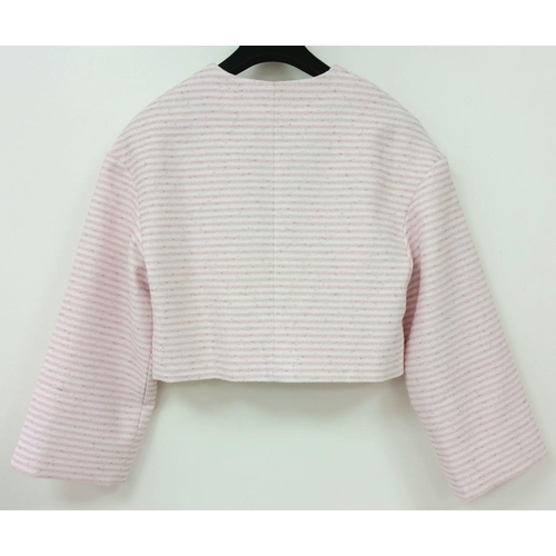 10 - A Chanel Pink and White Striped Cropped Jacket. Cotton, polyamide, and wool blend exterior with silv... 