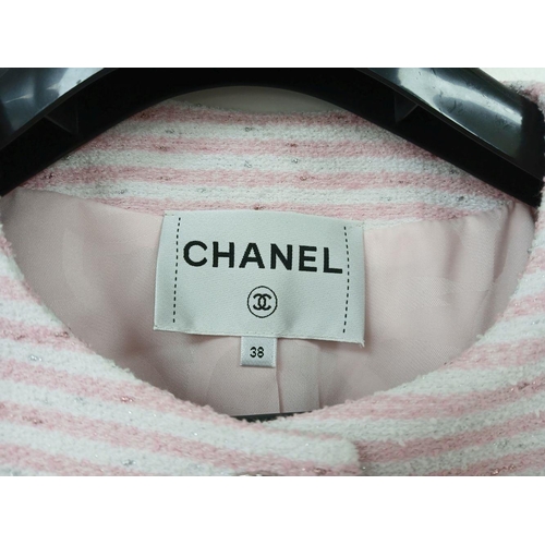 10 - A Chanel Pink and White Striped Cropped Jacket. Cotton, polyamide, and wool blend exterior with silv... 