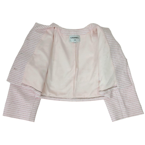 10 - A Chanel Pink and White Striped Cropped Jacket. Cotton, polyamide, and wool blend exterior with silv... 