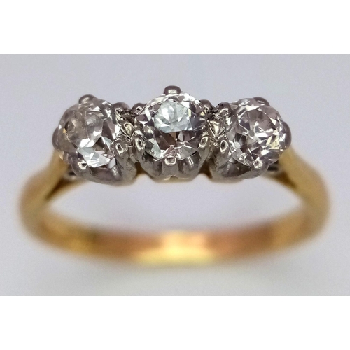 103 - AN 18K YELLOW GOLD OLD CUT DIAMOND THREE STONE TRILOGY RING 0.55CT, 2.2G TOTAL WEIGHT, SIZE J.

ref:... 