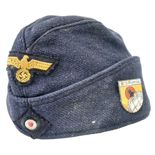 125 - WW2 German Kriegsmarine Side Cap with U-Boat Flotilla Pin.