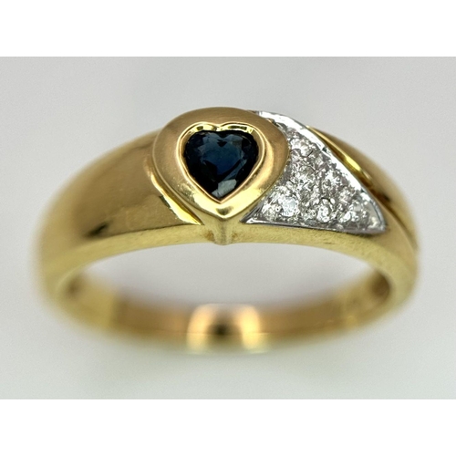 166 - AN 18K YELLOW GOLD DIAMOND & SAPPHIRE SET HEART RING 4G TOTAL WEIGHT, SIZE M.

ref: SC 1086