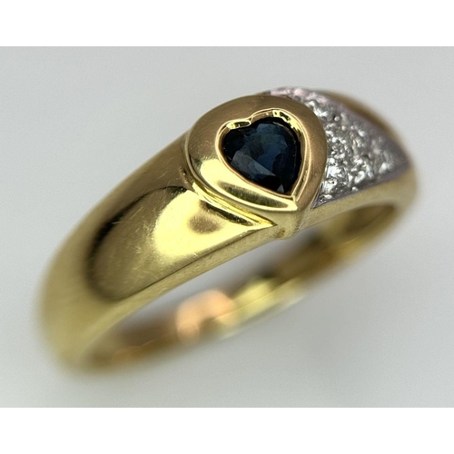 166 - AN 18K YELLOW GOLD DIAMOND & SAPPHIRE SET HEART RING 4G TOTAL WEIGHT, SIZE M.

ref: SC 1086