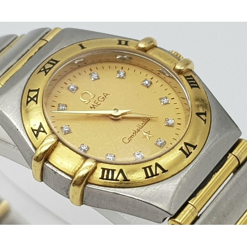 18 - A LADIES OMEGA CONSTELLATION 2 TONE WITH CHAMPAGNE DIAMOND DOT DIAL WATCH FULL WORKING ORDER.

ref: ... 