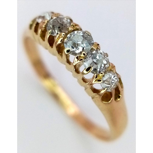 221 - AN 18K YELLOW GOLD ANTIQUE OLD CUT DIAMOND 5 STONE RING 0.30CT, 2.1G TOTAL WEIGHT, SIZE L.

ref: SC ... 