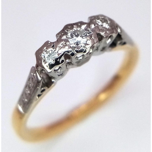 249 - AN 18K YELLOW GOLD & PLATINUM VINTAGE THREE STONE DIAMOND RING 2.6G TOTAL WEIGHT, SIZE K.

ref: SC 1... 