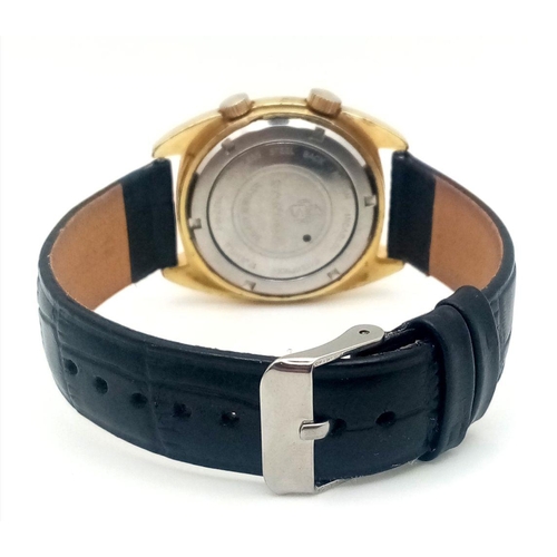 254 - A Rare Vintage Sandoz Alarm Gents Watch. Black leather strap. Gilded case - 35mm. Brown dial with da... 