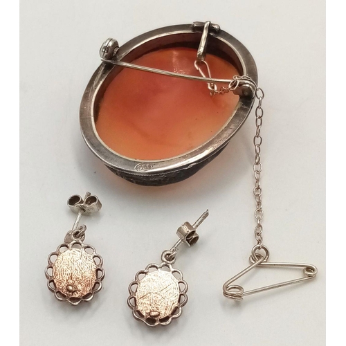 259 - Selection of SILVER set CAMEO JEWELLERY, To include a large vintage CAMEO BROOCH brooch with SILVER ... 