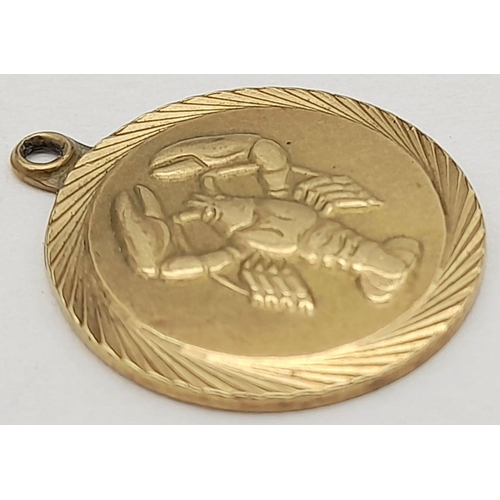 261 - A 9K GOLD CANCER THE CRAB PENDANT.   2.5gms